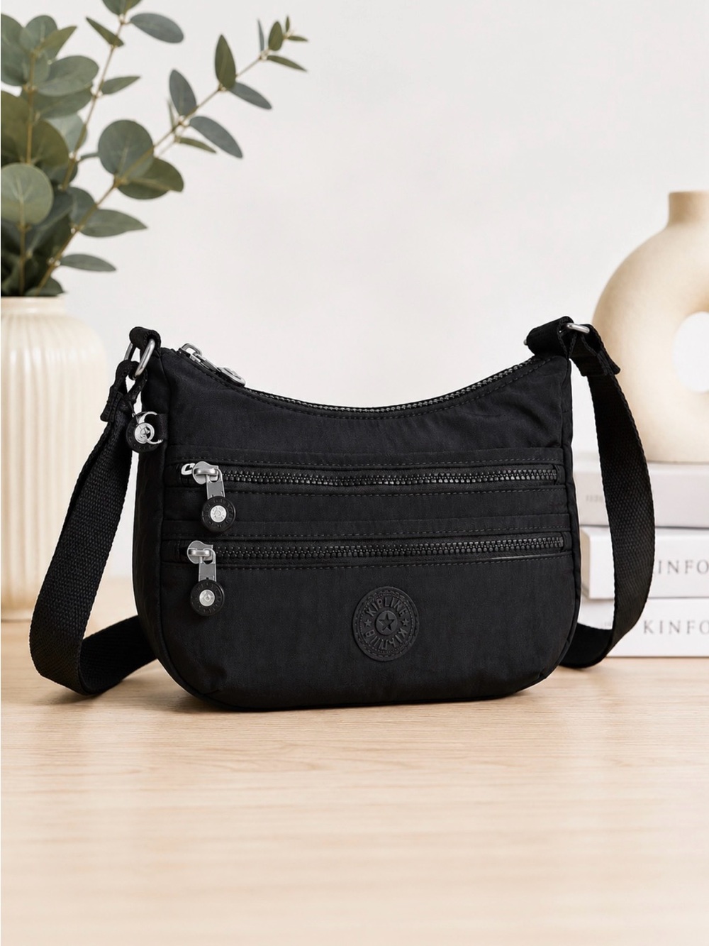 Kipling Black Nylon Lightweight Slim Crossbody Bag